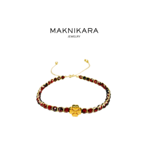 red garnet crystal bracelet | gold leaf clover stainless steel | gold string