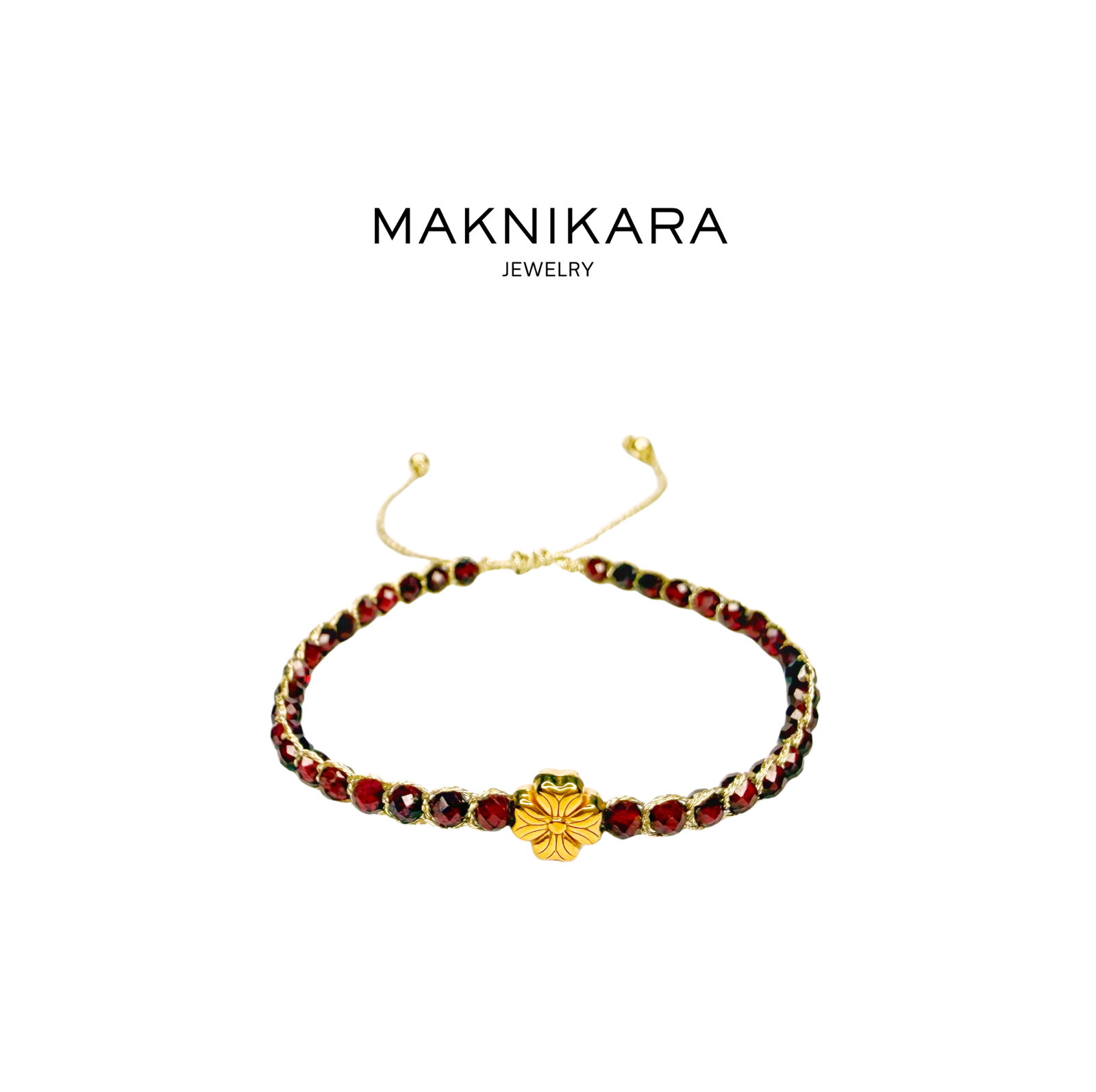red garnet crystal bracelet | gold leaf clover stainless steel | gold string